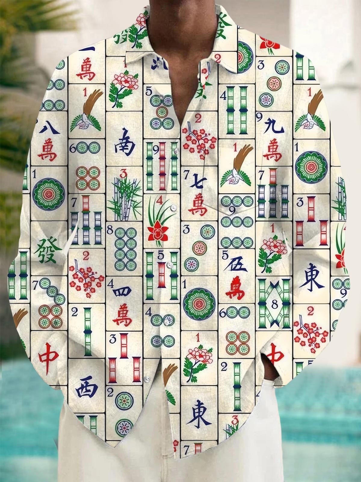 Mahjong Print Men's Pocket Long Sleeve Shirts