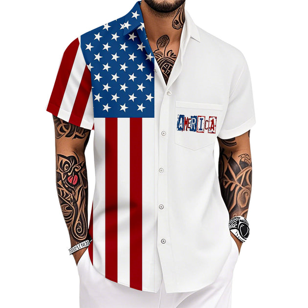 Hawaiian American Flag Shirt Stars and Stripes Patriotic Button Down Shirts Casual Resort Wear for Daily Wear imaginative