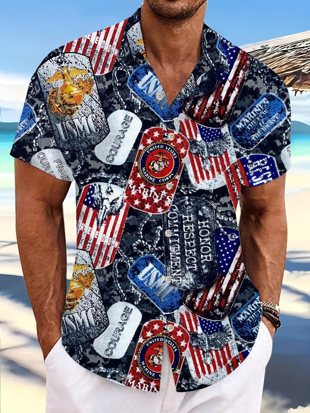Men's American flag print short sleeve shirt front view for Independence Day