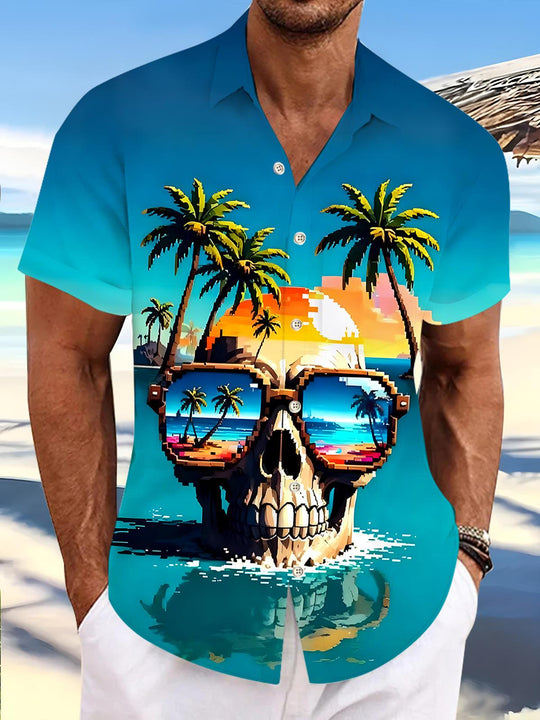 Men's Hawaiian skull print short sleeve shirt front view tropical beach vacation