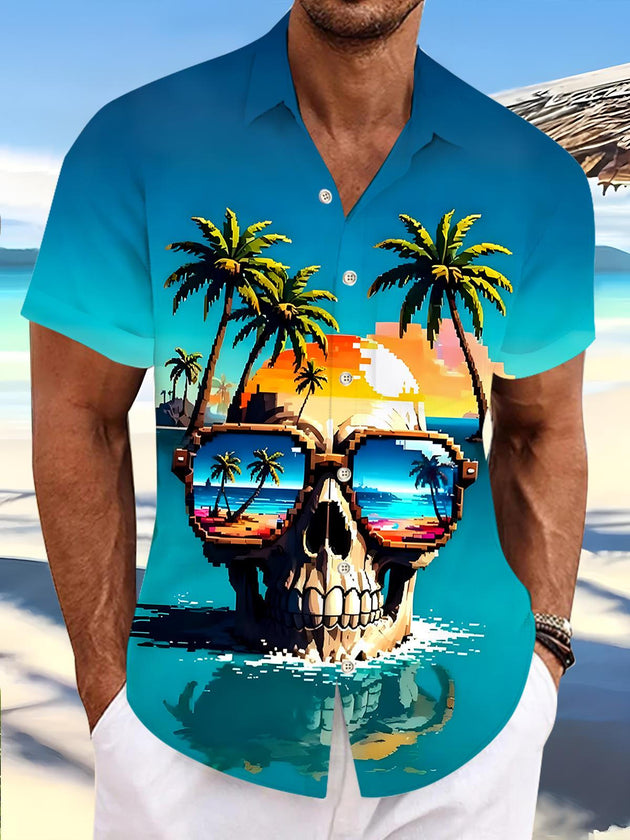 Men's Hawaiian skull print short sleeve shirt front view tropical beach vacation