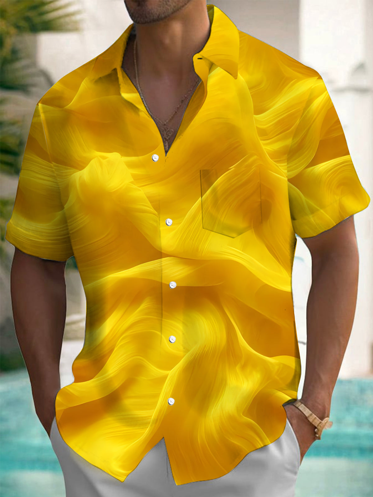 Yellow Print Men's Pocket Short Sleeve Shirts