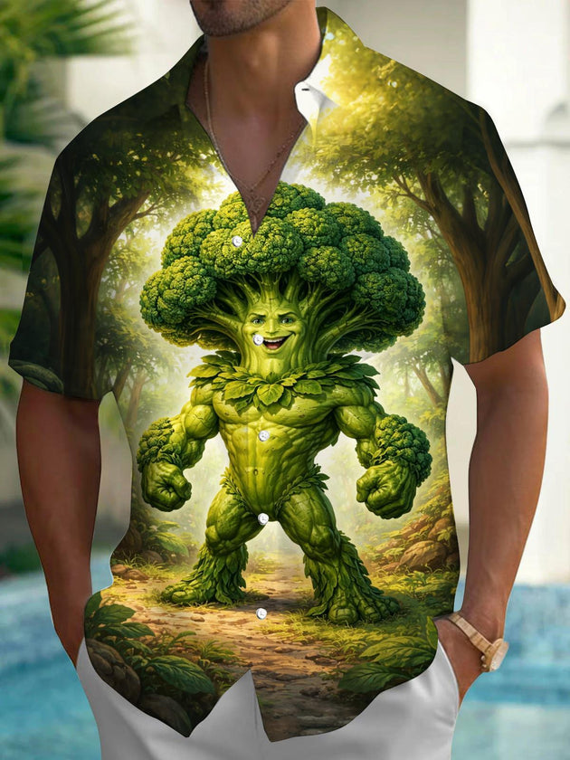 Men's funny broccoli print short sleeve shirt front view