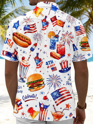 American Independence Day Hot Dog Burger Cocktail Festival Men's Pocket Short Sleeve Shirts