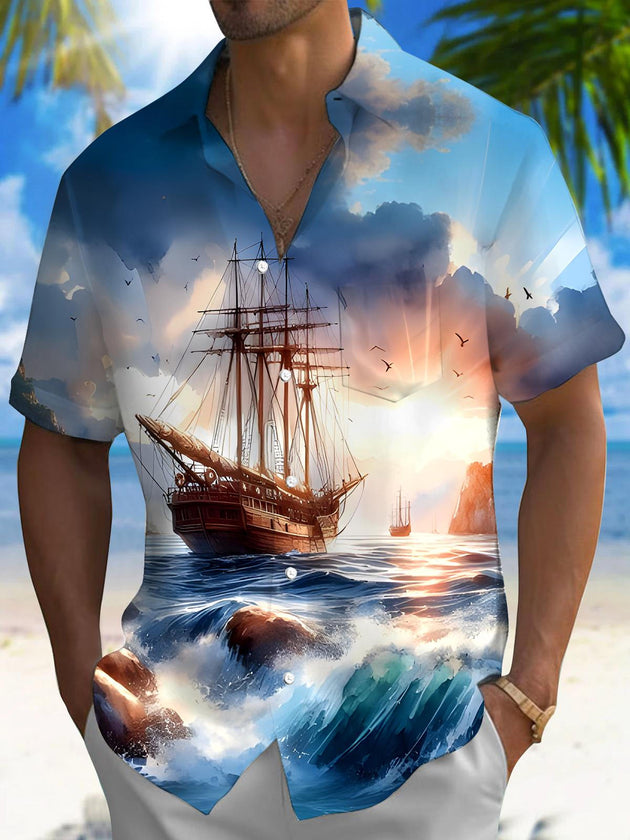 Men's Hawaiian boat print pocket short sleeve shirt front view for tropical beach vacation