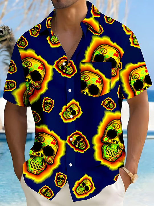 men's skull print short sleeve flat lay shirt