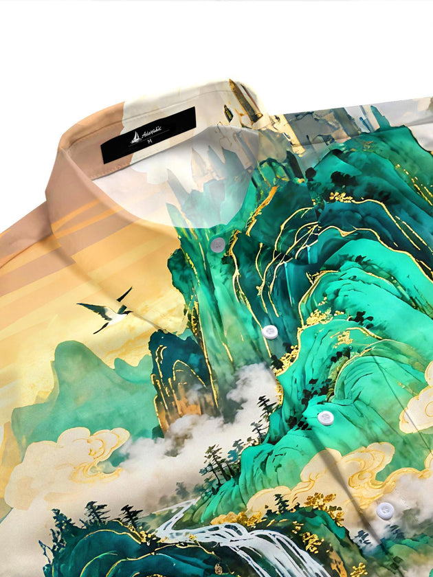 Art Green Landscape With Elk Men's Pocket Short Sleeve Shirts