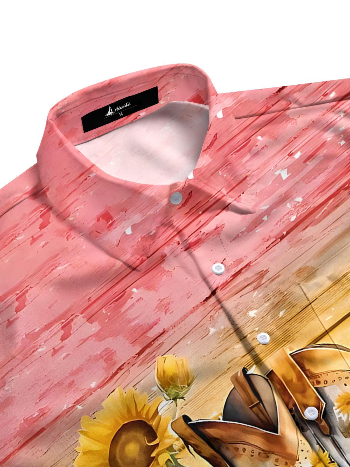 Sunflower Western Boot Print Men's Pocket Short Sleeve Shirts