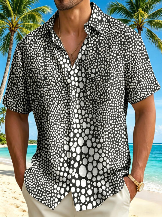 men's black and white polka dot pocket short sleeve shirt front view