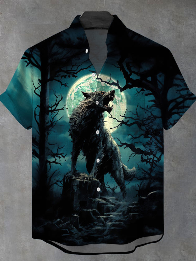 Men's animal wolf print short sleeve stand collar shirt front view