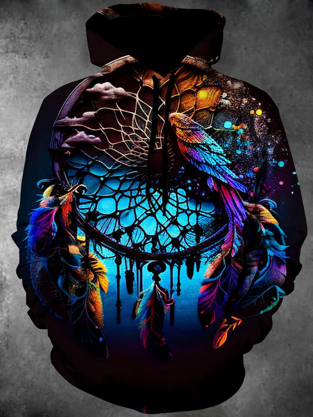 Men's long sleeve dreamcatcher pattern pocket pullover hoodie front view