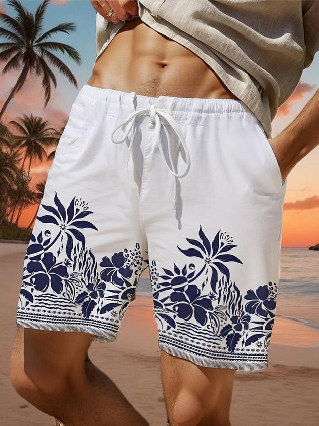 Men's Hawaiian botanical print casual shorts with pocket front view for tropical beach vacation