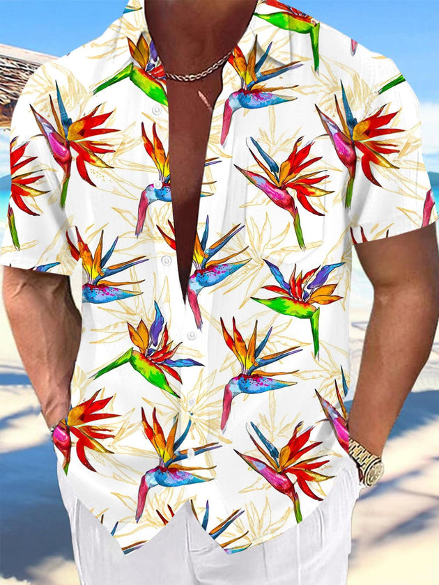 Men's blue floral print short sleeve shirt front view