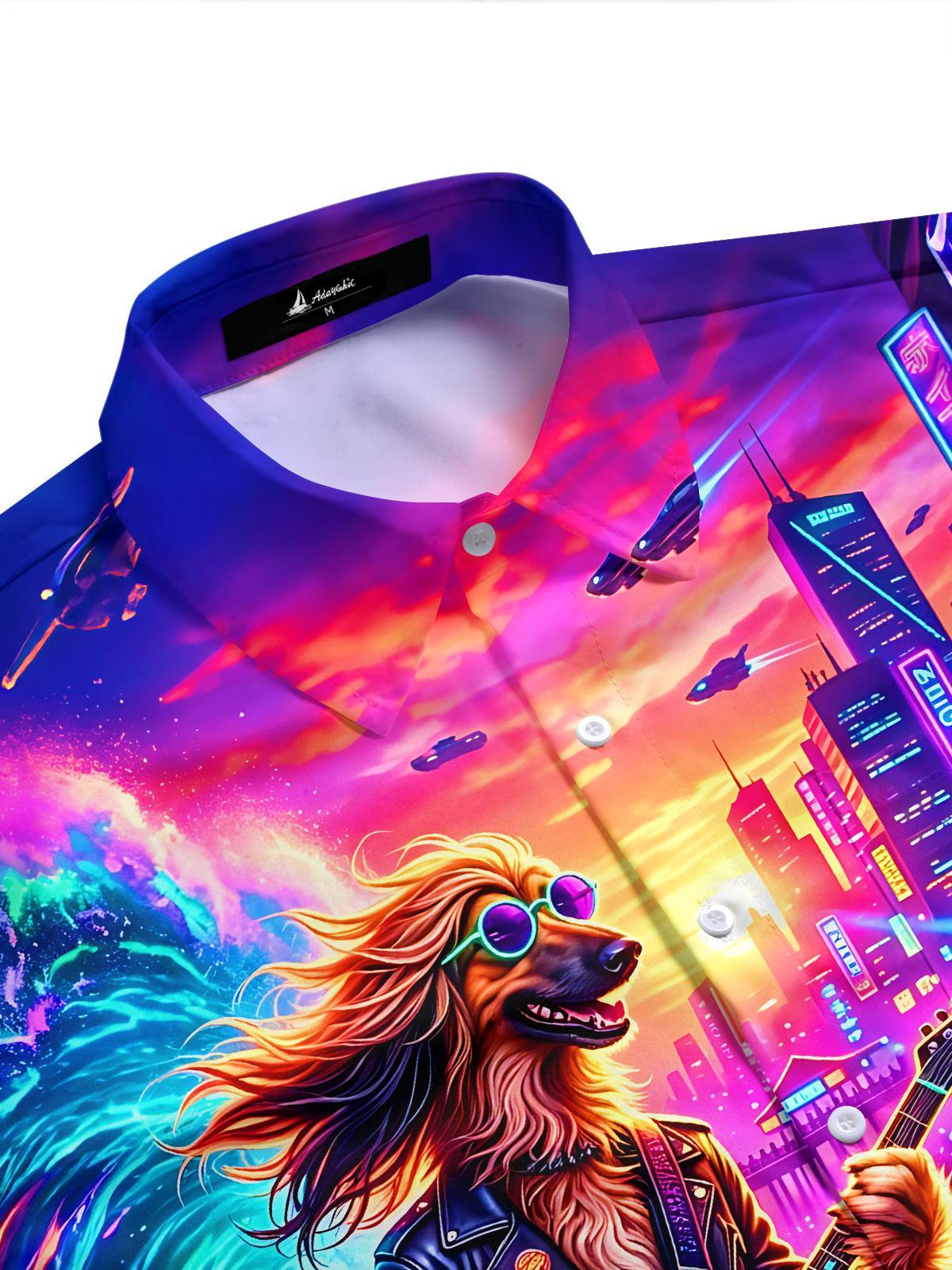 Cyberpunk Rock Surfing Dog Men's Pocket Short Sleeve Shirts