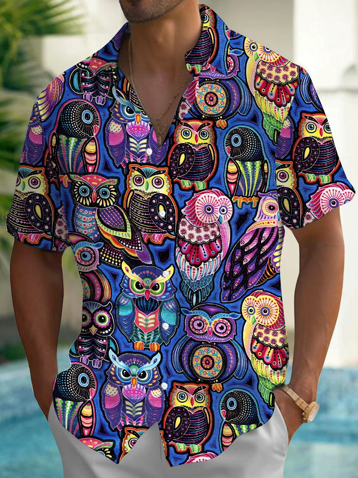 Owl Print Men's Pocket Short Sleeve Shirts