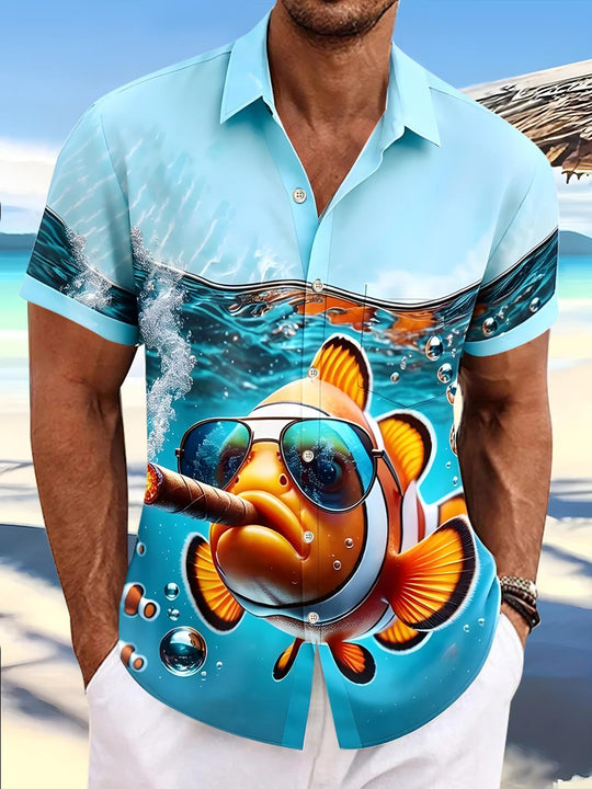 Men's blue fish print short sleeve shirt front view