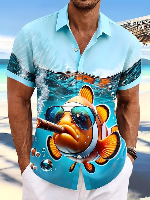 Men's blue fish print short sleeve shirt front view