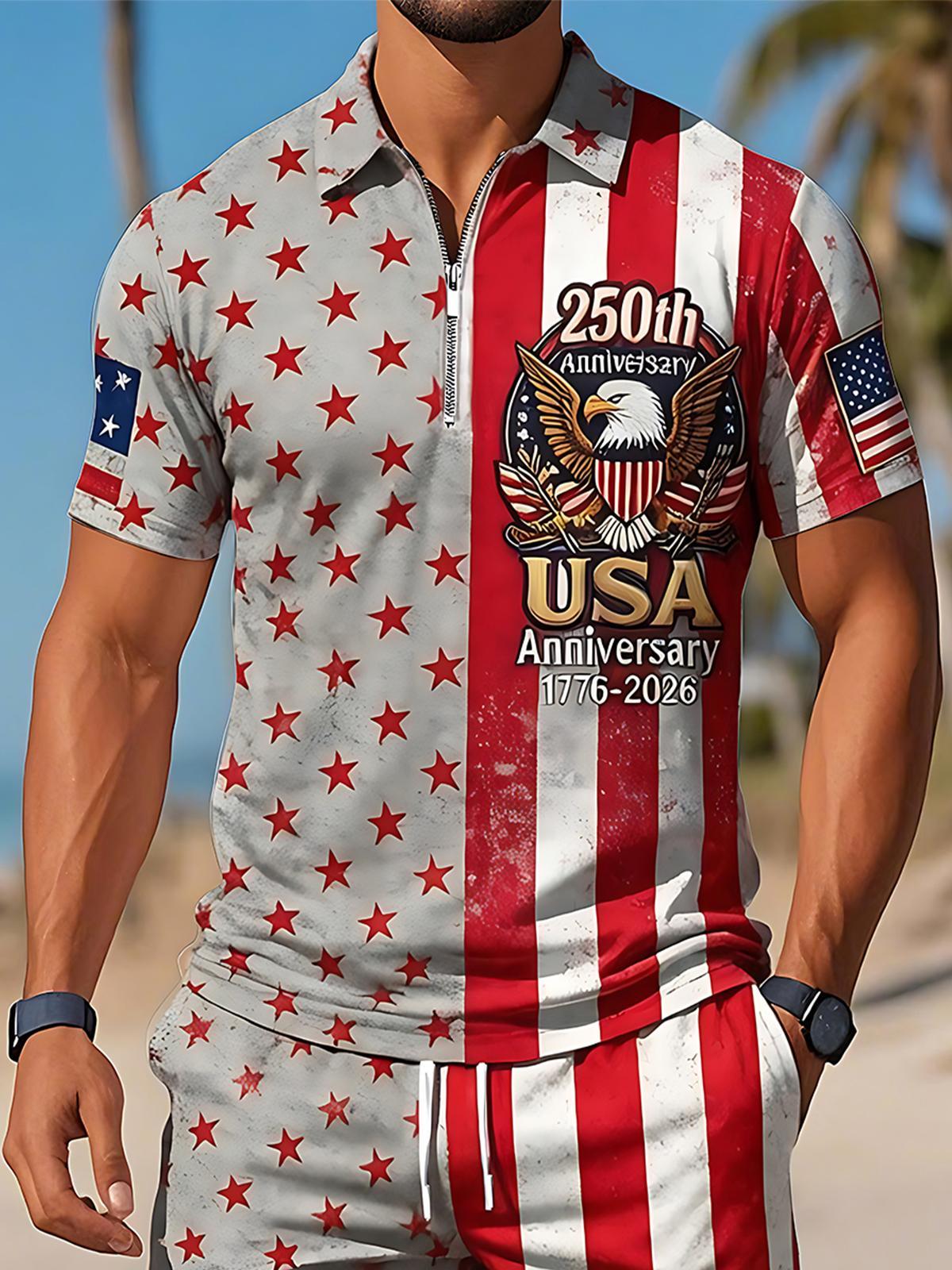 USA 250th Anniversary Bald Eagle Vintage American Flag Independence Day Men's Short Sleeve Zipper Polo