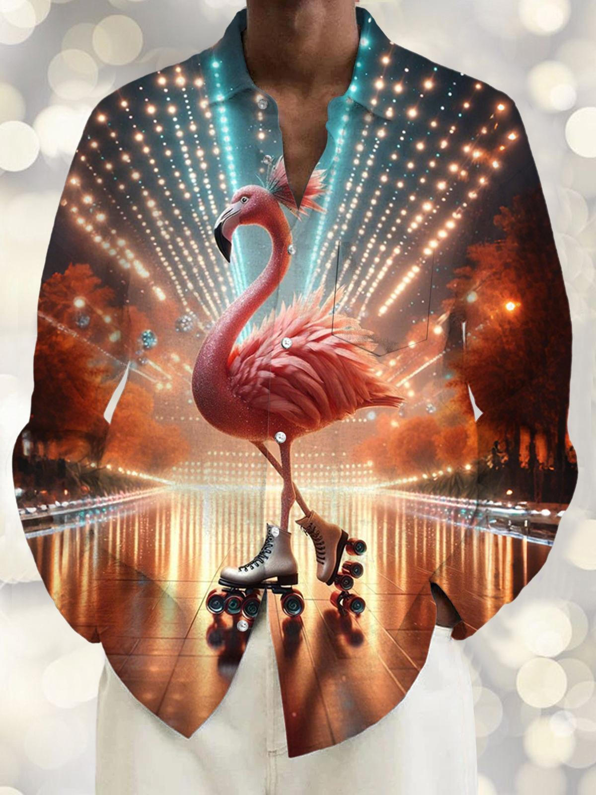 Flamingo Print Men's Pocket Long Sleeve Shirts