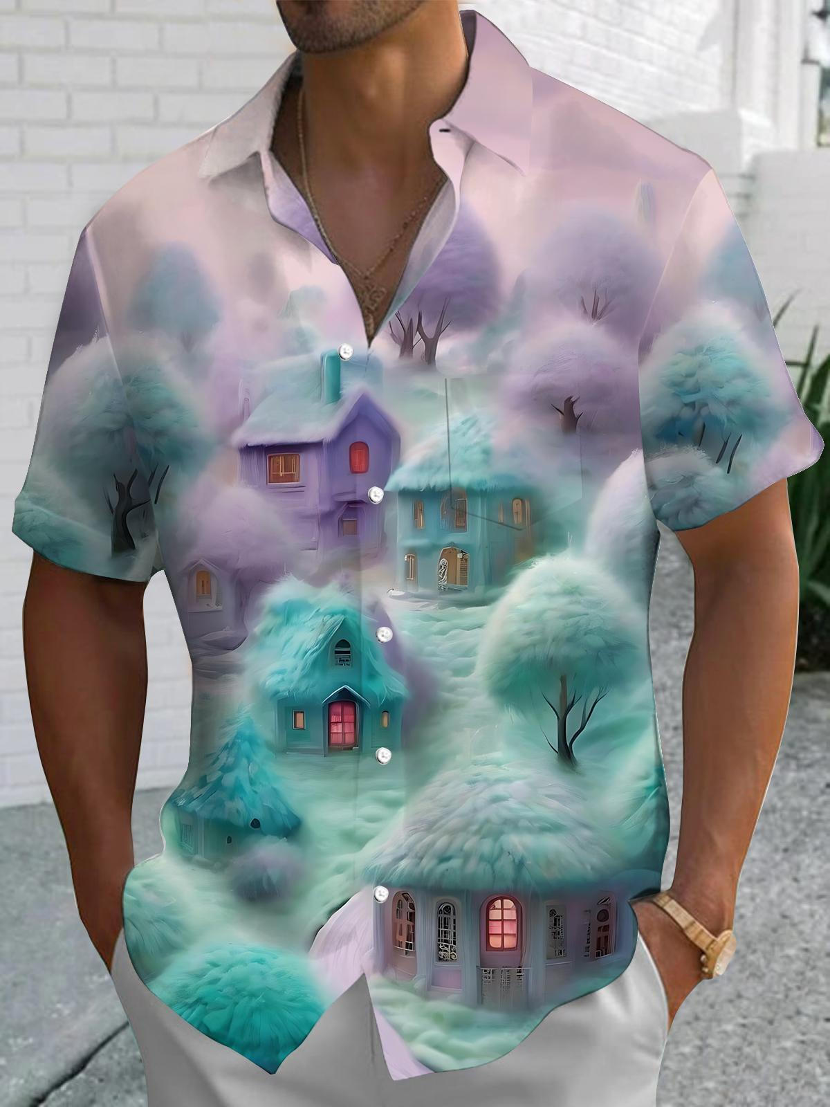 Dreamy Village Print Men's Pocket Short Sleeve Shirts