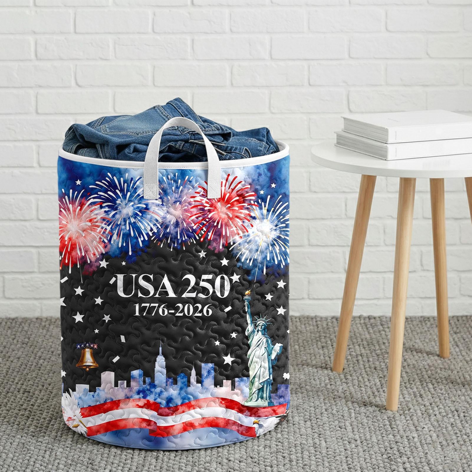 Men's red white blue quilted hamper storage bin lifestyle scene for vacation Independence Day view 16