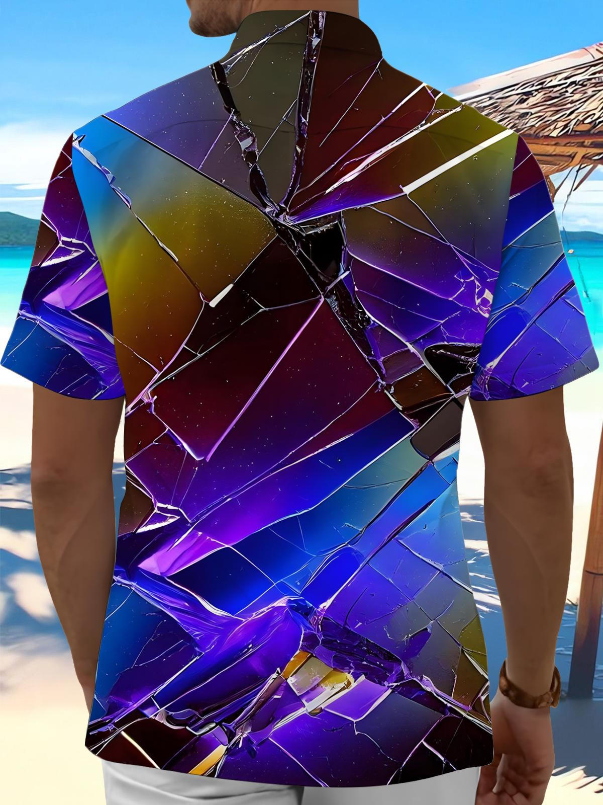 Gradient Broken Glass Print Men's Pocket Short Sleeve Shirts