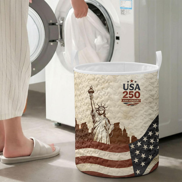 Men's red white blue quilted hamper storage bin lifestyle scene for vacation Independence Day