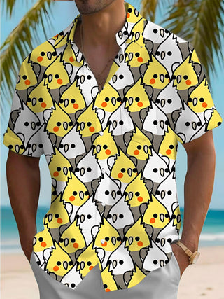 Men's Bird Print Pocket Short Sleeve Shirt Front View
