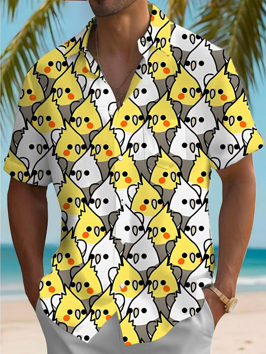 Men's Bird Print Pocket Short Sleeve Shirt Front View