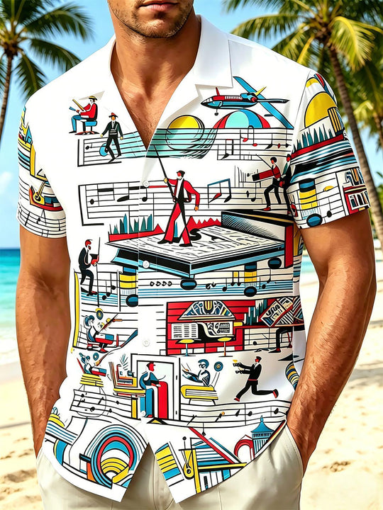 Men's short sleeve Hawaiian music print shirt front view for tropical beach vacation