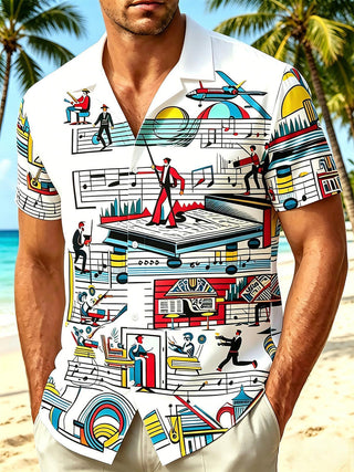 Men's short sleeve Hawaiian music print shirt front view for tropical beach vacation