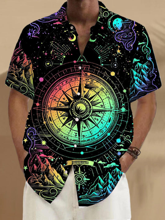 Men's compass print short sleeve shirt front view