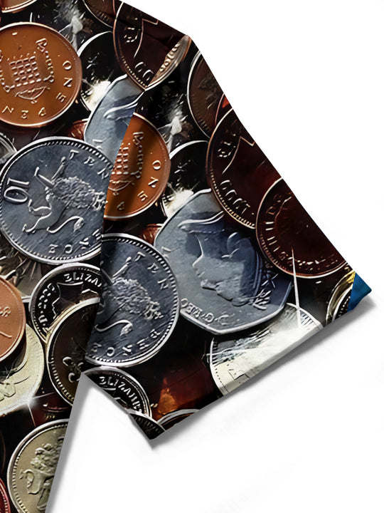 men's game coins print short sleeve shirt fabric detail close-up