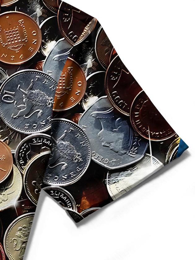 men's game coins print short sleeve shirt fabric detail close-up