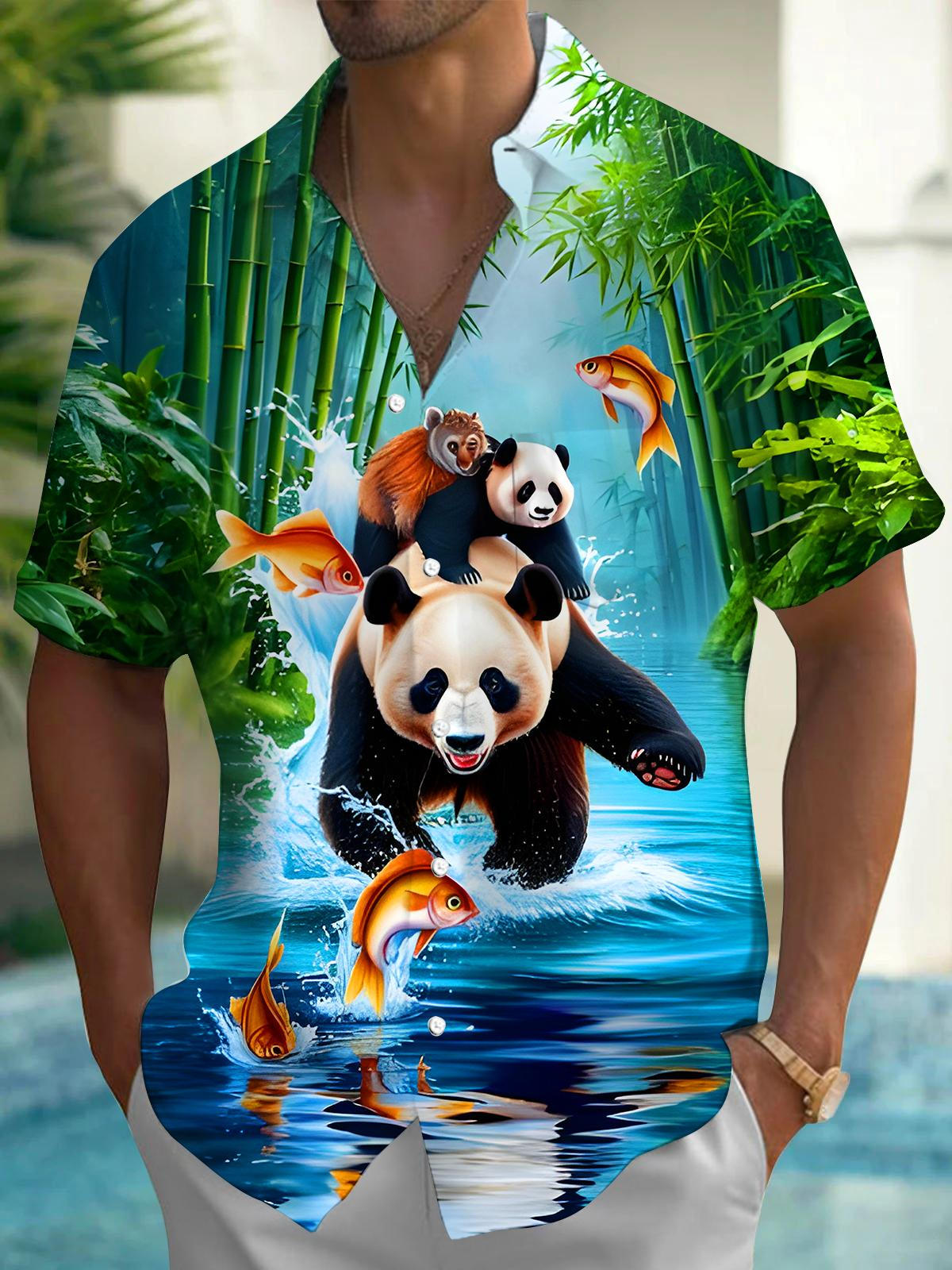 Panda Monkey Goldfish Bamboo Forest Men's Pocket Short Sleeve Shirts