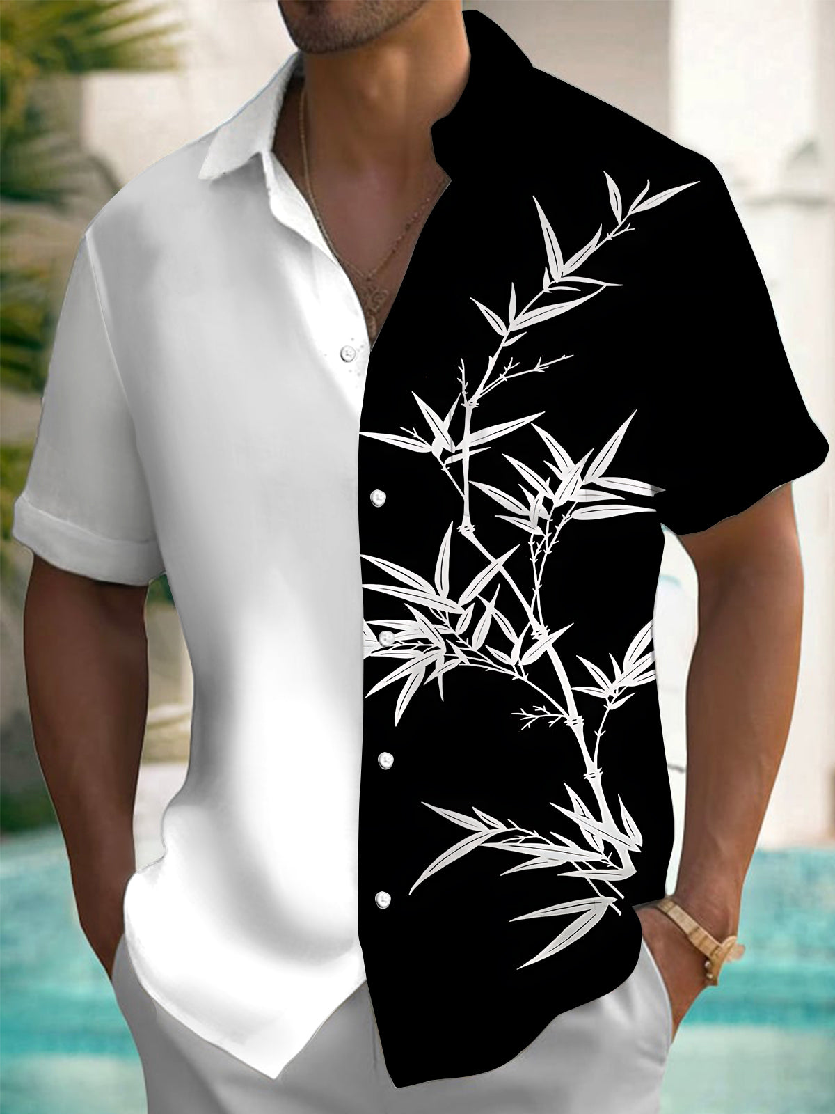 Bamboo Print Men's Pocket Short Sleeve Shirts