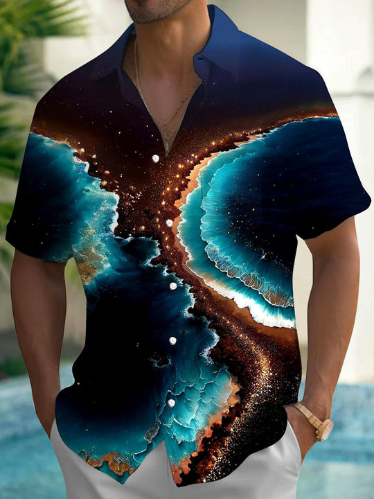 Men's abstract print short sleeve shirt front view for beach vacation