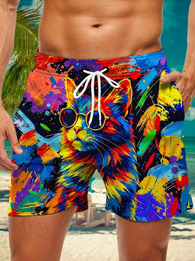 Colorful Cat Print Men's Print Pocket Shorts