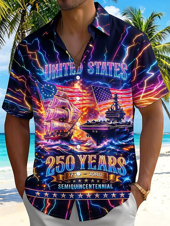 United States 250th Anniversary Navy Warship Independence Day Men's Pocket Short Sleeve Shirts