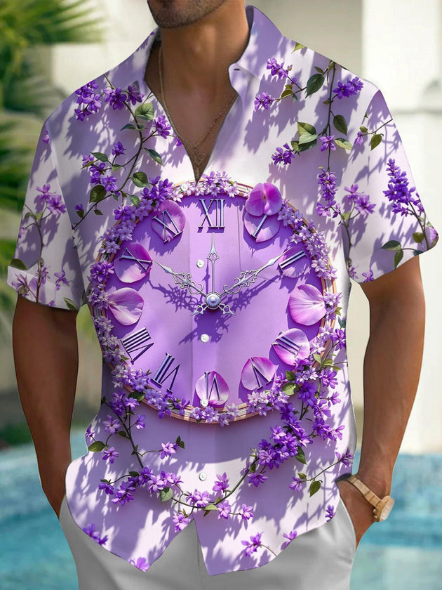 Clock Flower Print Men's Pocket Short Sleeve Shirts