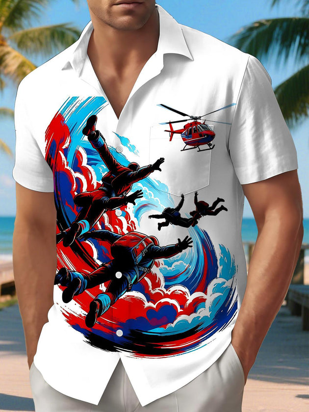Skydiving Helicopter Sports Men's Pocket Short Sleeve Shirts
