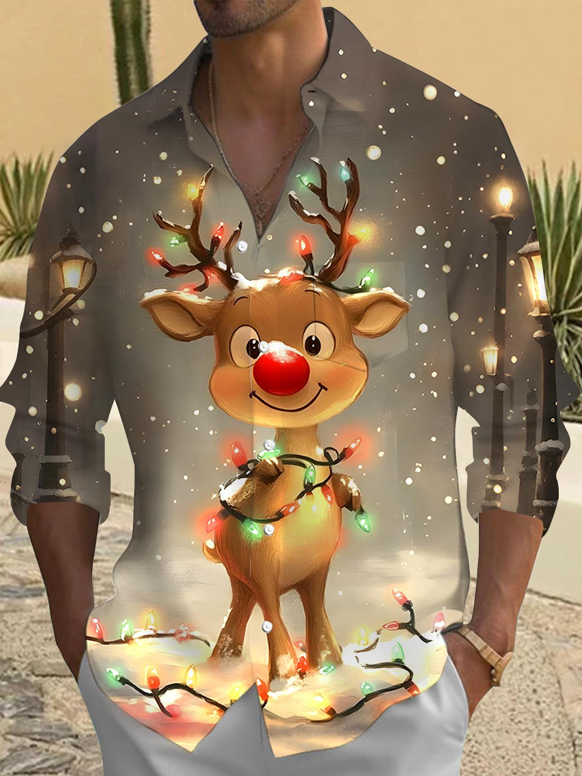 Christmas Deer Men's Pocket Long Sleeve Shirts