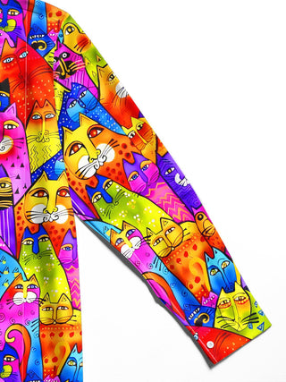 Men's colorful carnival cat print long sleeve shirt close-up detail