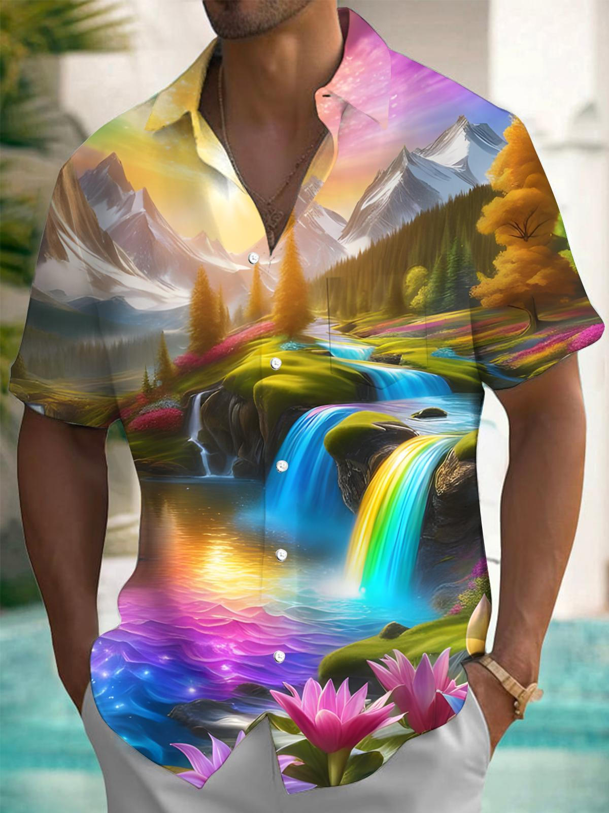 Landscape Waterfall Print Men's Pocket Short Sleeve Shirts