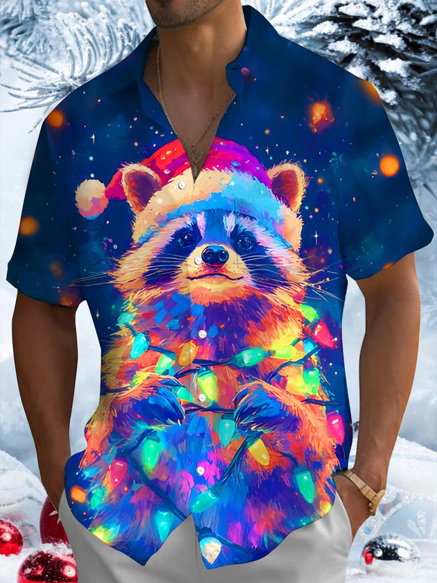 Men's funny festive raccoon short sleeve shirt front view for Christmas holiday party