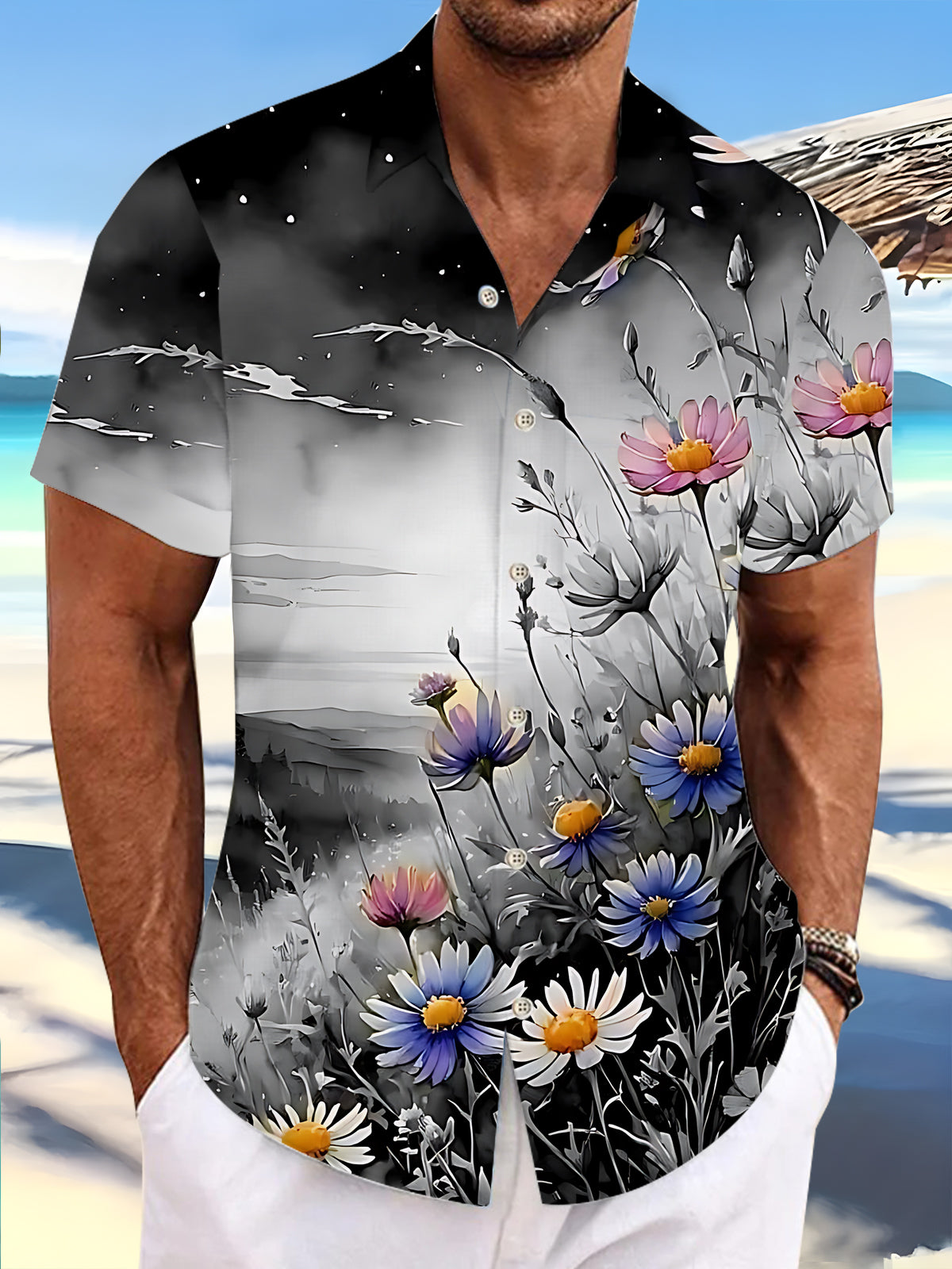 Floral Print Men's Pocket Short Sleeve Shirts