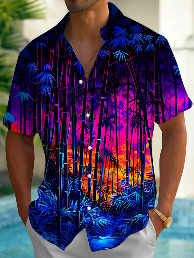 Men's Bamboo Forest print pocket short sleeve shirt back view