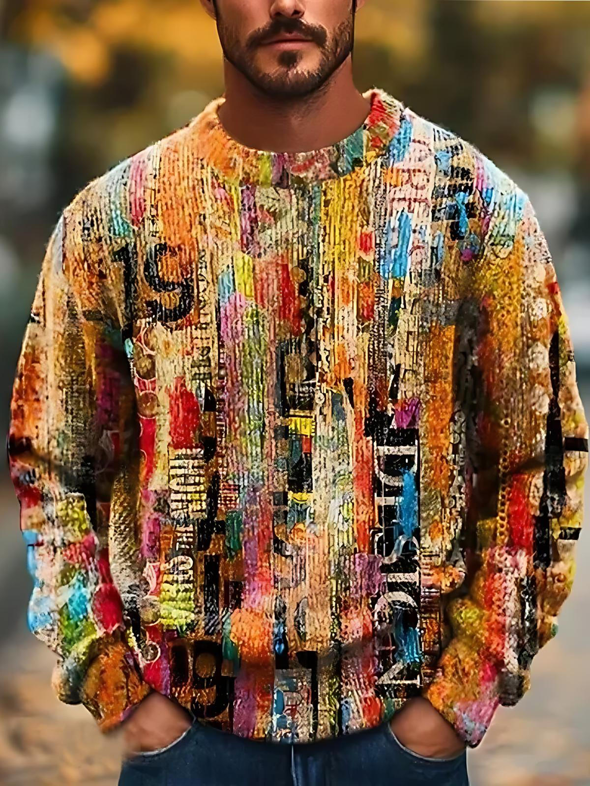 Abstract Art Print Men's Long Sleeve Round Neck Tops