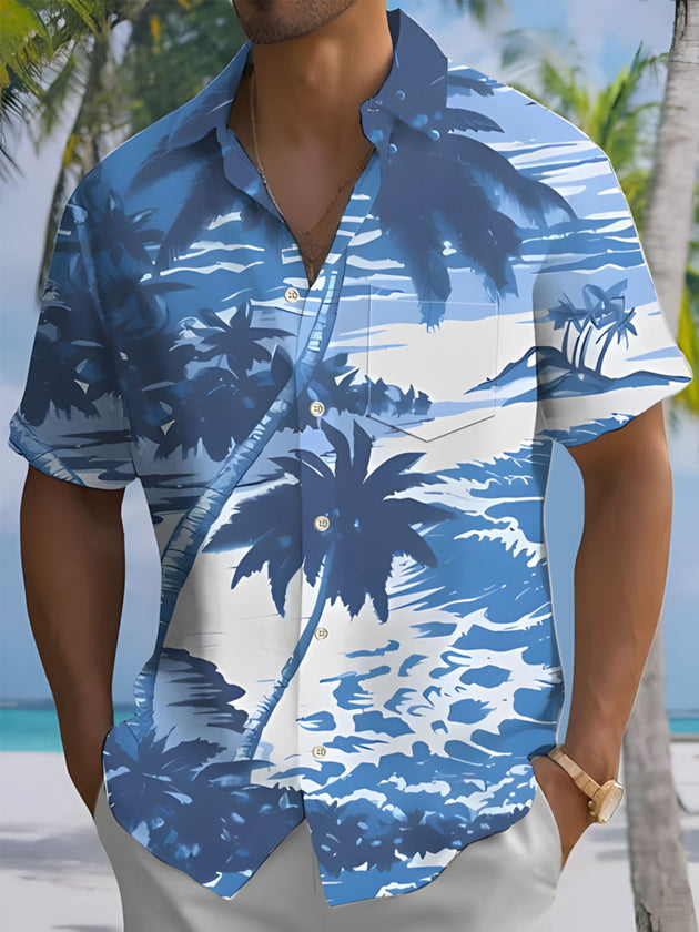 Men's Hawaiian coconut tree print short sleeve shirt front view for tropical beach vacation
