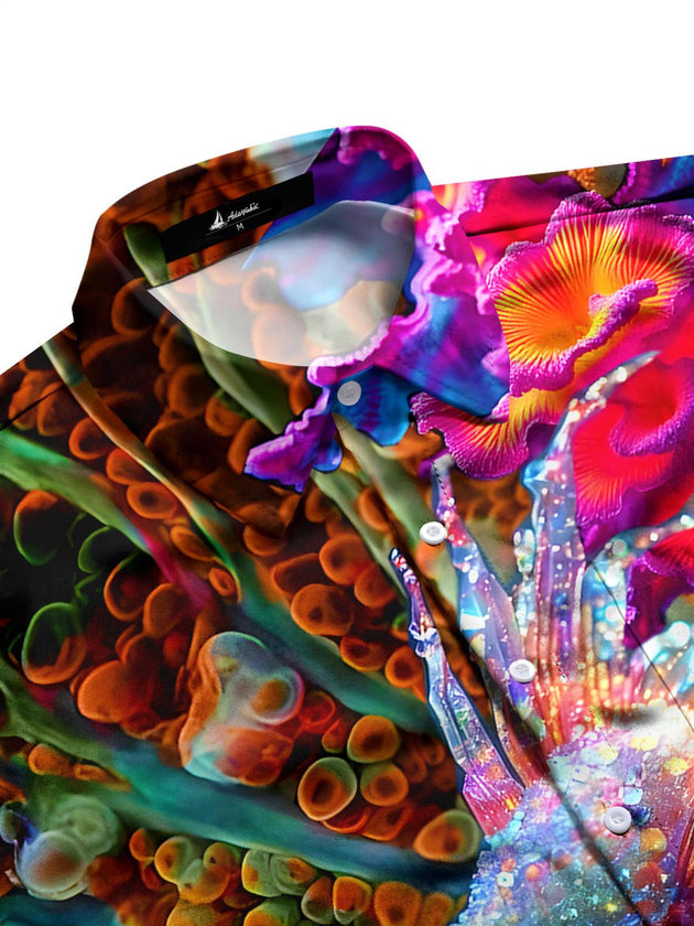 Men's blue Hawaiian fish print short sleeve shirt side view
